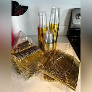 New Bundle Gold Plastic Cutlery Knives Spoons Cups parties or showers